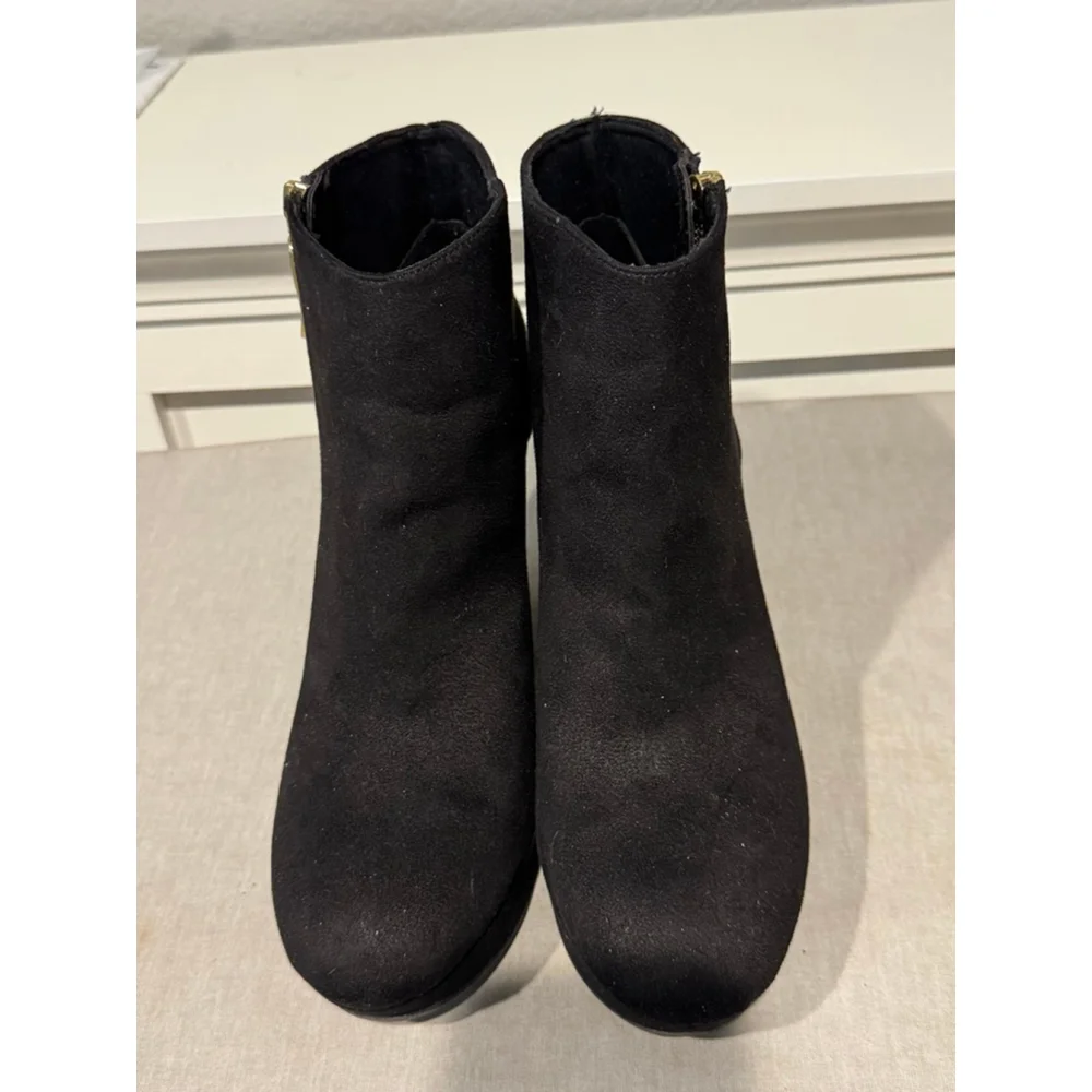 Women's Christian Siriano Black Wedge Platform Ankle Boots Size 10 Gold Zipper